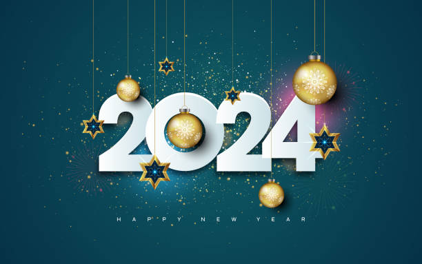 illustrazioni stock, clip art, cartoni animati e icone di tendenza di felice anno nuovo 2024 augura sfondo con pallina di natale - christmas backgrounds christmas card design element