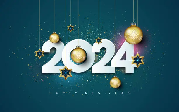 Vector illustration of Happy new year 2024 wishes background with Christmas bauble