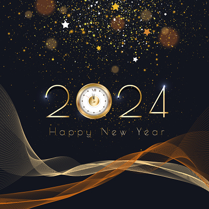 2024 New year with Abstract shiny color gold wave design element and glitter effect on dark background.