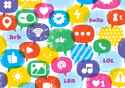 Grunge background vector illustration of speech bubbles with the internet, social media icons, chat abbreviations, etc. Online chat, social media, online communication, text messaging background.
