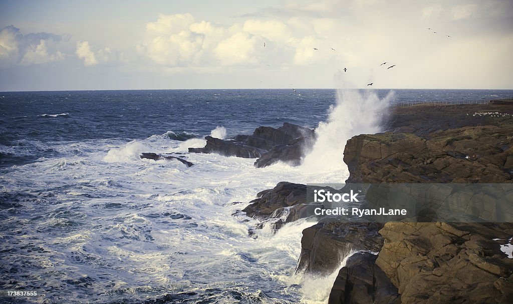 Crashing Waves at the Oregon Coast Waves of the Pacific Ocean crash against the rocky Oregon coastline.  Horizontal with copy space. Beach Stock Photo