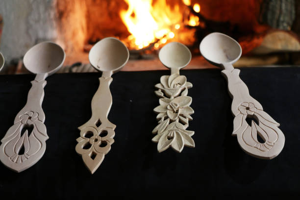 A lot of wooden spoons at craft market