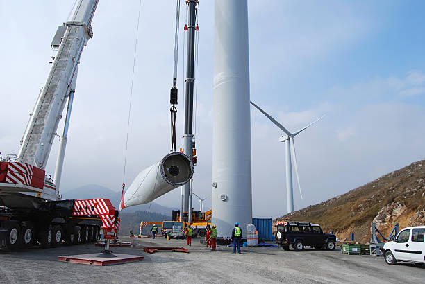 Wind power plant construction with blade ready for assembly
