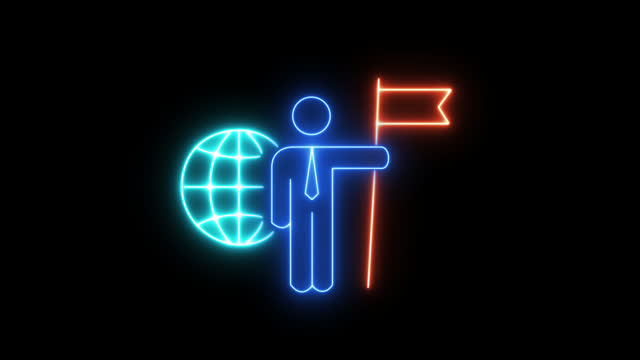 Glowing neon line of businessman holding flag with global icon isolated on transparent background. Business concept of victory, success, goal achiever, win, best worker, top employee and leadership.