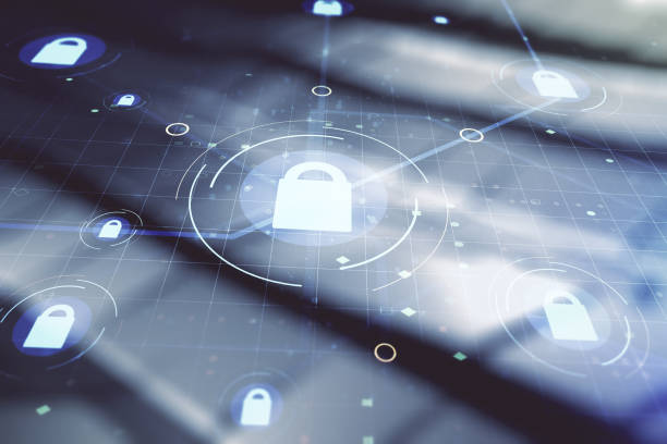 istock Virtual creative lock symbol and microcircuit illustration on blurry metal background. Protection and firewall concept. Multiexposure 1738392828