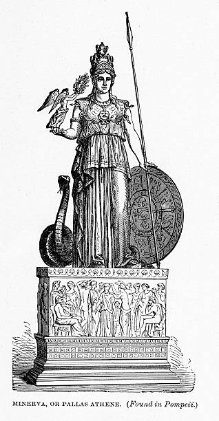 греческие богини athena или минерва - engraving minerva engraved image roman mythology stock illustrations