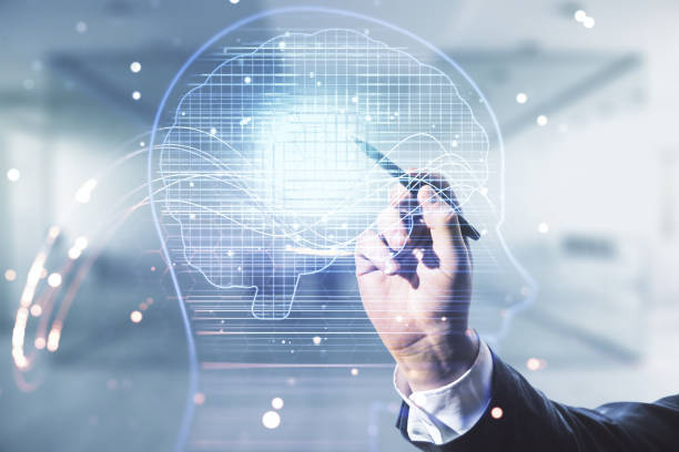 istock Double exposure of man hand with pen working with creative human head microcircuit hologram on blurred office background. Future technology and AI concept 1738393873
