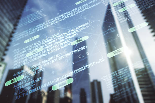 istock Multi exposure of abstract software development hologram on modern skyscrapers background, research and analytics concept 1738394402