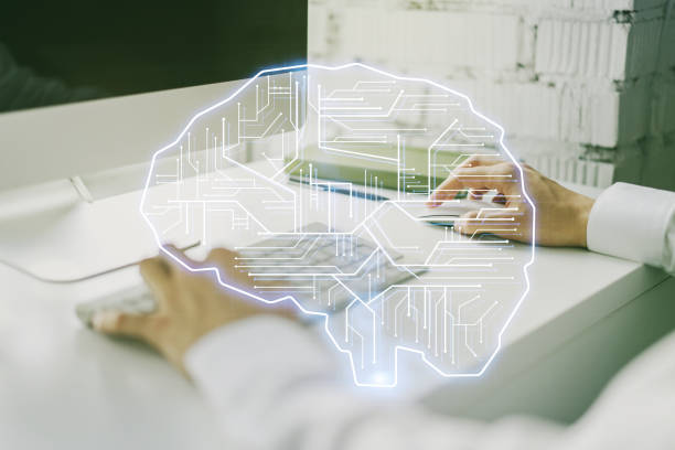 istock Creative artificial Intelligence concept with human brain hologram and hands typing on laptop on background. Multiexposure 1738394403