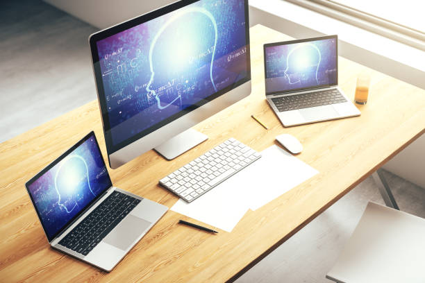 istock Creative artificial Intelligence concept with human head sketch on modern computer monitor. 3D Rendering 1738394913