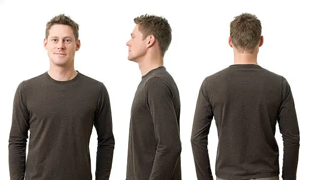"Man with three poses in t-shirt. Front view, profile, and back. Waist up. More of this model:"