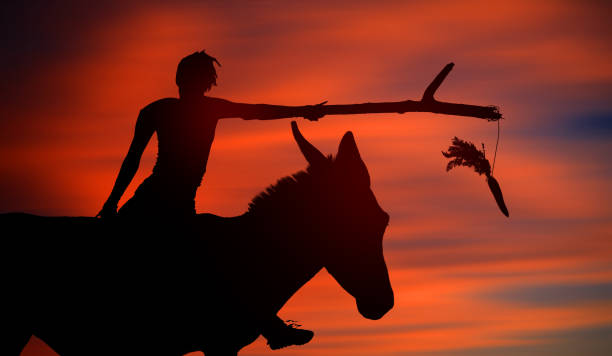 conceito de teoria do pau de cenoura com silhueta de burro. homem montando a mula. o sinal da cenoura de uma recompensa por se mover e o stick um castigo se o animal parar de se mover. ideia inspiradora - mule careless animal ignorance - fotografias e filmes do acervo