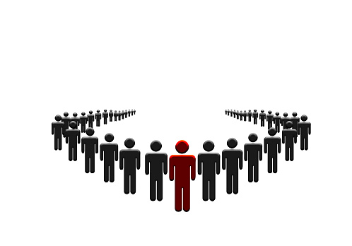 One Man Leads The Crowd Concept. Organized People with Leader Unique Character. Leadership and Businessman Teamwork