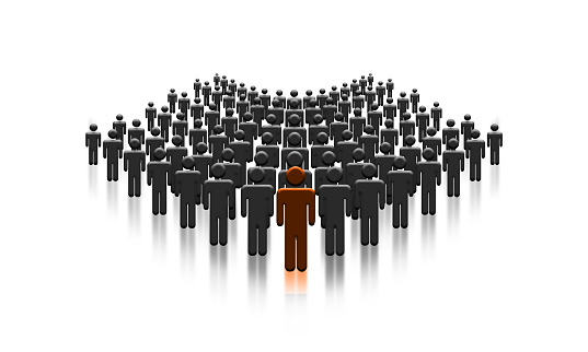 Crowd of people with Leader headman. Unique Character Leading The Population Of Men. 3D rendering