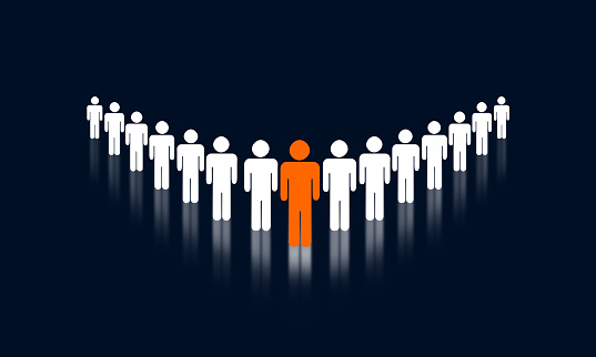 Unique Man leading the Crowd of identic people. Business Teamwork and Leadership Concept