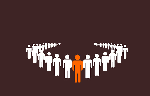 1 Man Leading The Crowd Concept. People with Leader Unique Character. Leadership and Businessman Teamwork