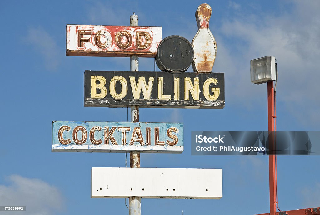 Multiple signs at closed bowling alley Ten Pin Bowling Stock Photo