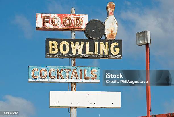 Multiple Signs At Closed Bowling Alley Stock Photo - Download Image Now - Ten Pin Bowling, Blue, Neon Lighting