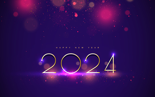 2024 gold numbers in shiny circle on golden podium vector square banner template.