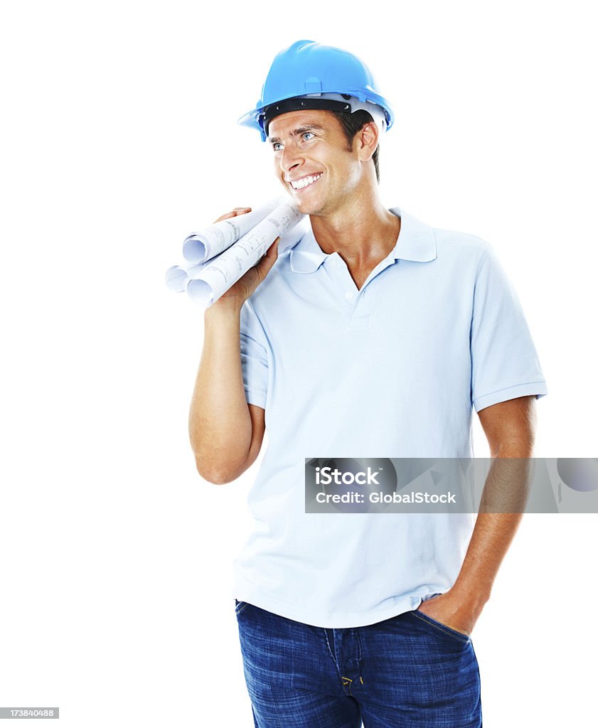 Arquiteto masculino segurando plantas e sorrindo - Foto de stock de 20 Anos royalty-free