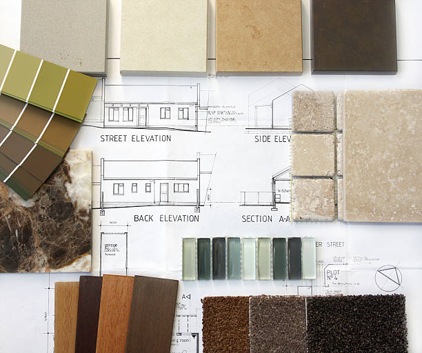 Samples for renovations Samples on building plans to help choose before you renovate. blueprint fabric swatch tile color swatch stock pictures, royalty-free photos & images