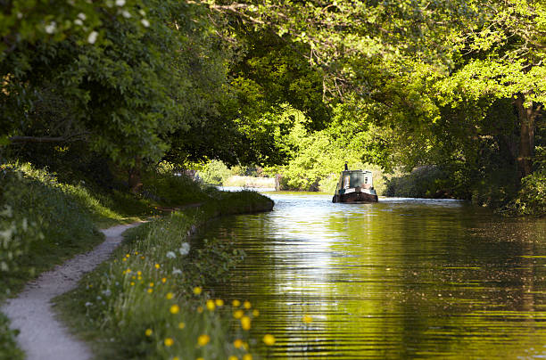 canale chiatta si sposta attraverso verde estate riscaldato dal shade - cheshire foto e immagini stock