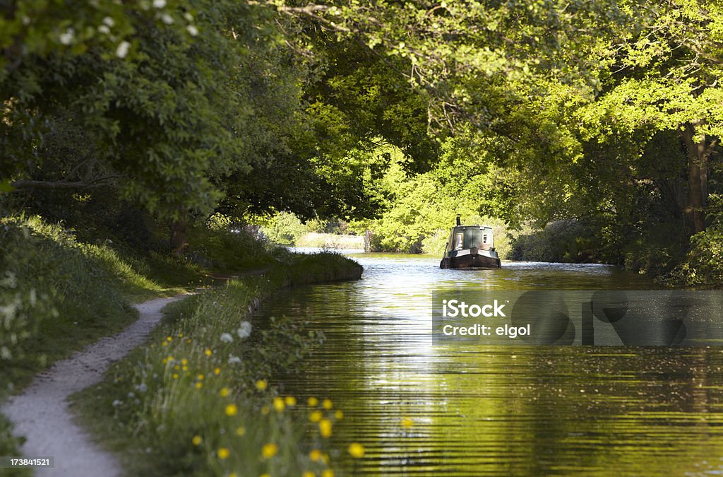 Canal barge moves through green summer dappled shade "Bridgewater Canal, Walton, Warrington,Cheshire,England, UK" Canal Stock Photo