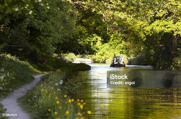 Canal Barge Moves Through Green Summer Dappled Shade Stock Photo - Download Image Now