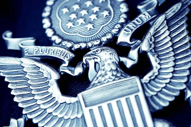 detail of an american government pin. E Pluribus Unum. 