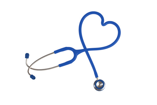 Blue stethoscope on the white background and hearth shaped