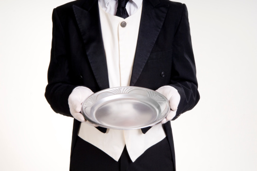 Waiter holds empty tray.....special requested photo
