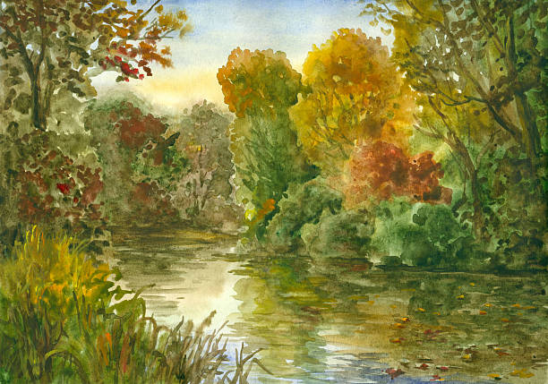 autumn river "Watercolour painting, created and painted by the photographer" watercolor painting landscapes stock illustrations