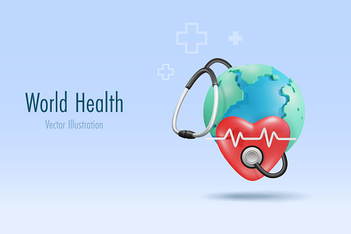 Stethoscope diagnosis heart and world health for sustainable environment. Save the planet, world environment day and earth day concept. 3D vector.
