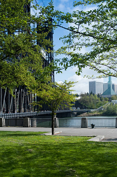 Waterfront Park at Steel Bridge in Portland Oregon stock photo
