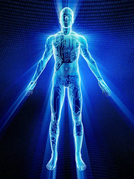 High quality 3d render of a male body covered in electronic circuits
