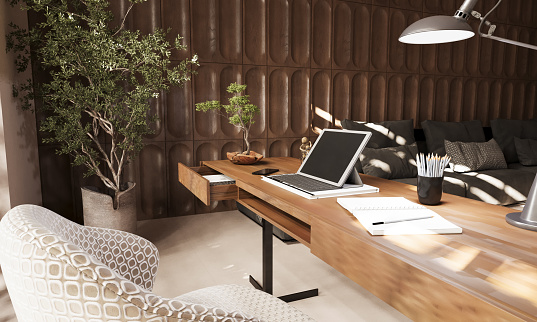 Luxury Home Office Interior with Wood Paneling, Wooden Desk and Gray Sofa. 3D Rendering.