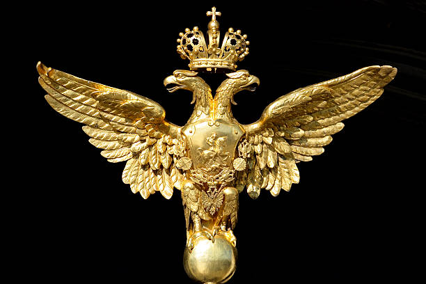 Golden double-headed eagle - national symbol of Russia "This shining golden eagle decorates the main entrance to the Winter Palace (the State Hermitage museum) in St. Petersburg, Russia. The two main elements of Russian state symbol are the two-headed eagle and the mounted figure (Saint George) slaying a serpent or dragon." aquila heliaca stock pictures, royalty-free photos & images