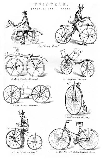 Old Fashioned Bicycles "Vintage engraving of Old Fashioned Bicycles, incloding The Dandy Horse, Gompertz's Velocipede, the Dublin Velocipede, Ordinary Bicycle, The Bone Shaker, and the Rover Safety." penny farthing bicycle stock illustrations