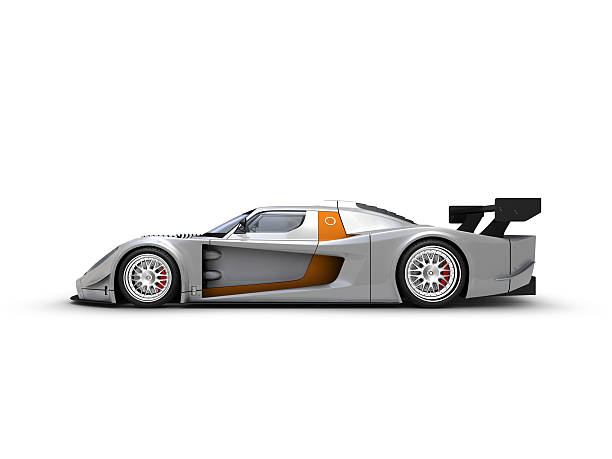 Silver Race car "3D Rendering image showing a concept design made by my own. This is one image out of a series with different angles. This is the perfect stuff for people how need race cars, supersport cars without any manufacture brand." spoiler stock pictures, royalty-free photos & images