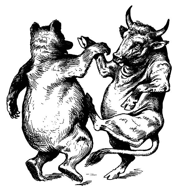 Vintage Clip Art and Illustrations | Dancing Bull &amp; Bear "Antique engraving of a dancing bull and bear, isolated on white. Very high XXXL resolution image scanned at 600 dpi. CLICK ON THUMBNAILS BELOW FOR MORE IMAGES LIKE THIS ONE:" allegory painting illustrations stock illustrations