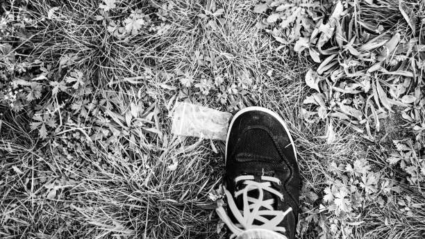 A shoe on the grass, a small plastic bag next to it.