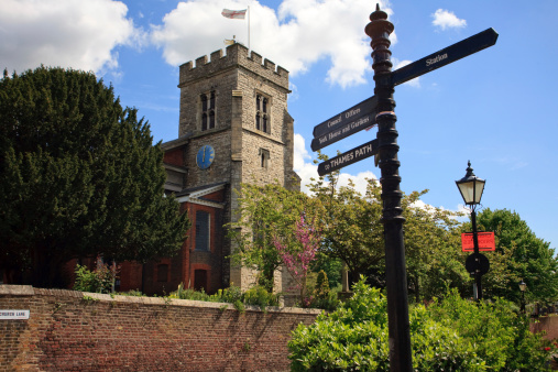 Saint Mary's Church, Twickenham, UK with Saint George's flag flying