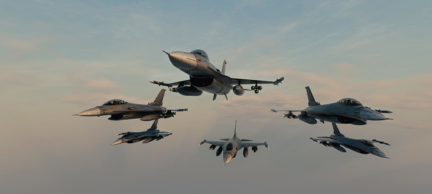 fighter jet squadron flying in line in the sky. 3d, rendering, illustration,