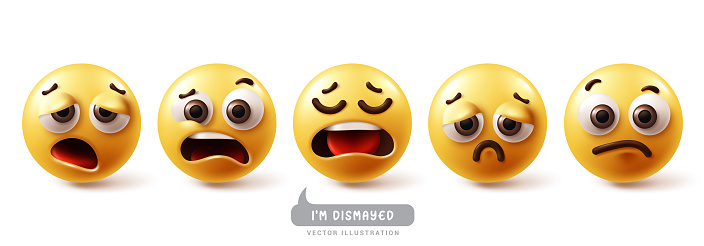 Emoji dismayed emoticon character vector set. Emojis emoticons character collection in disappointed, sad, lonely, horrify and upset facial expression 3d graphic elements. Vector illustration emojis dismayed icon collection.