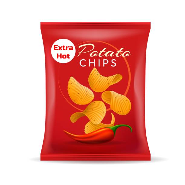 Potatoes chips package template Potatoes chips package template. Potato crisps packing in realistic style vector illustration, hot potatos chip snacking packaging bag, snacks packet 3d red design isolated bag stock illustrations