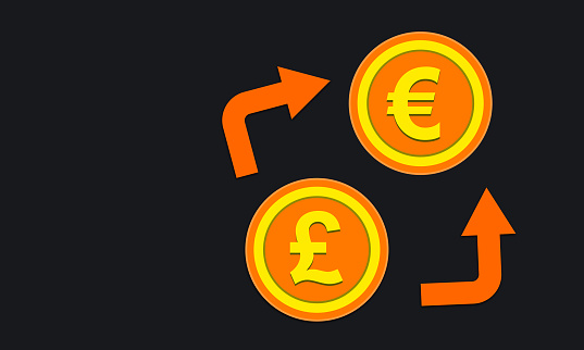 Euro to Pound Sterling conversion with golden coins and arrow on white background with copy space.