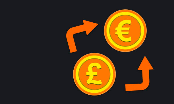 conversão de euro para libra esterlina com moedas douradas e seta no fundo branco com espaço de cópia. - brittan - fotografias e filmes do acervo
