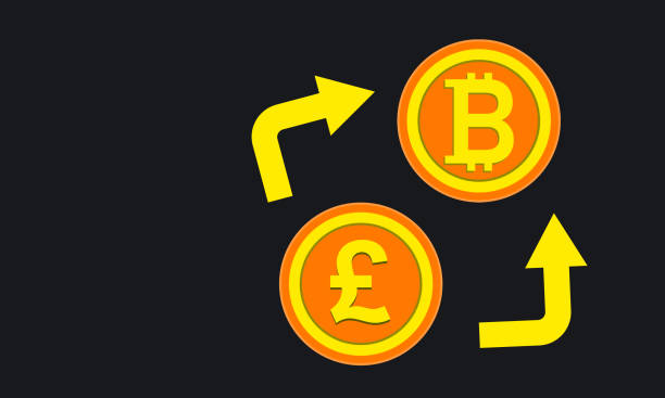 conversazione tra bitcoin e sterlina. monete d'oro con frecce di scambio. converti il concetto di denaro virtuale e criptovaluta - brittan foto e immagini stock