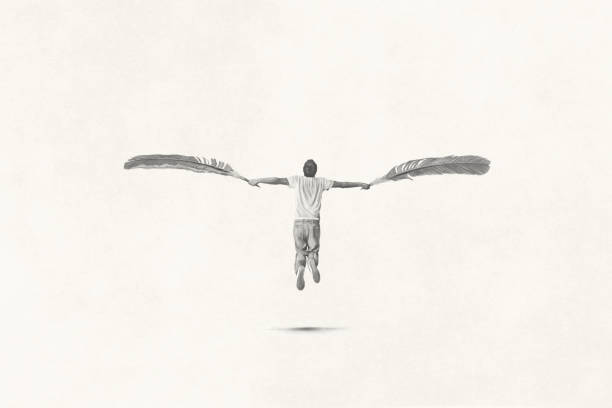 istock Illustration of man with plumes wings fly in the sky, icarus concept 1738473250