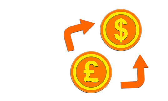 Dollar to Pound Sterling conversion with golden coins and arrow on white background with copy space. USD to Uk currency